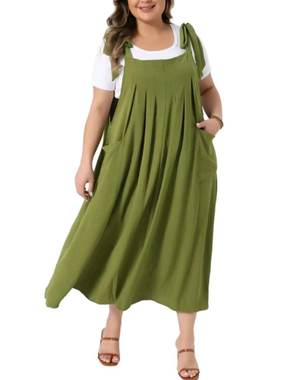 NWT  Green Tie Shoulder Pinafore Maxi Dress 3X Plus Size Pockets - Picture 3 of 7
